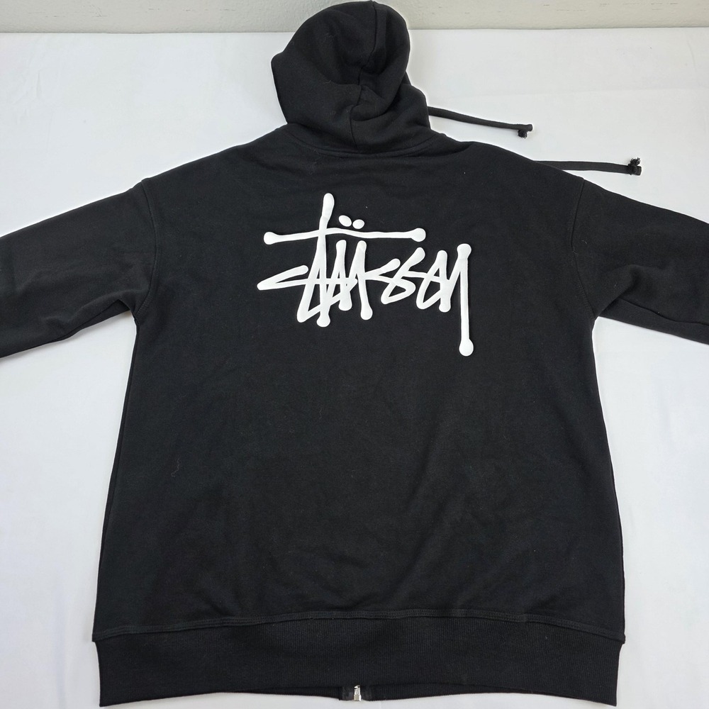 Stussy Hoodie Mens Large Black Full Zip Logo Back Graphic Fleece Sweatshirt - Picture 12 of 16
